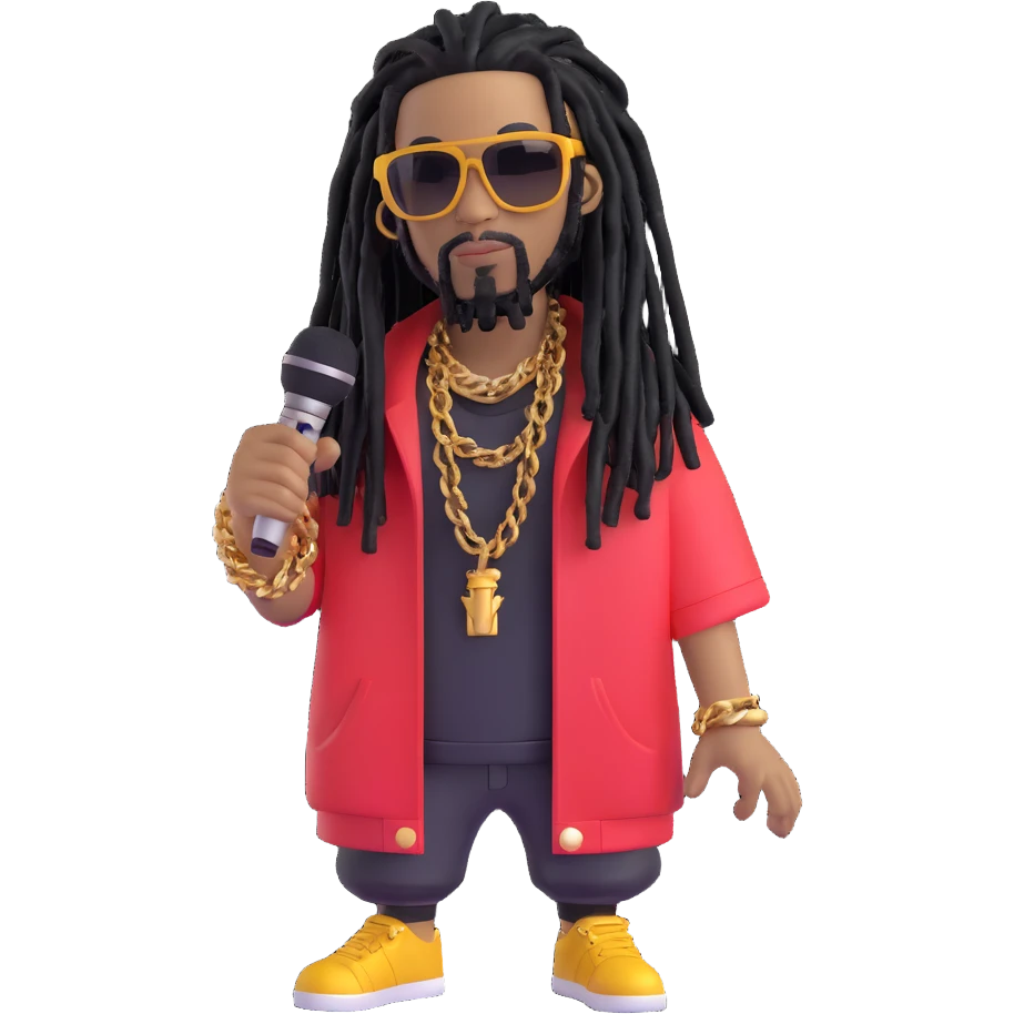cool rapper with black dreadlocks, sunglasses, gold chain, microphone, hip-hop style emoji