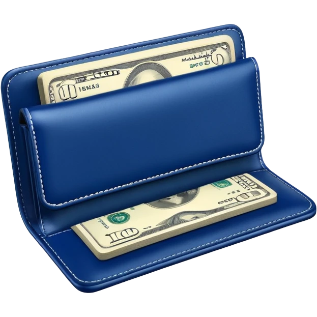 Rich emoji style Deep Blue leather wallet with dollar bills, luxury money vibe, premium 3D emoji, ultra clean, high detail, no background emoji