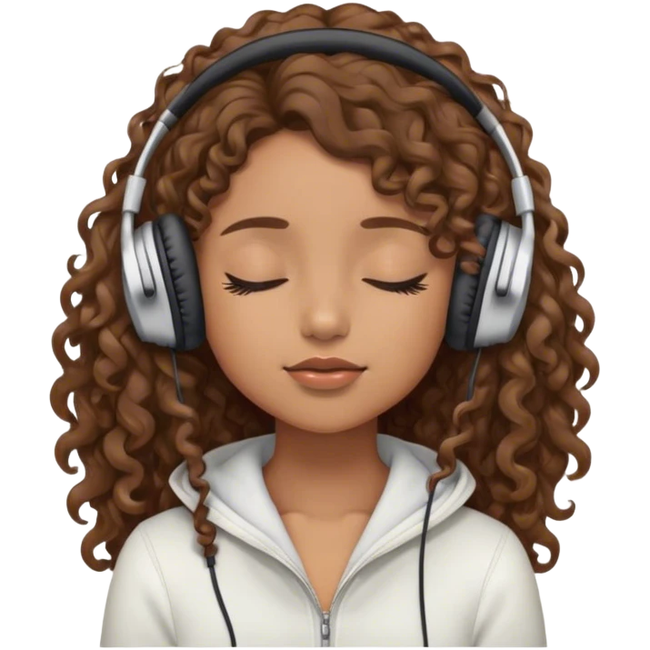 Light brown skin girl, long curly brown flat hair, eyes closed, headphones on listing to music emoji