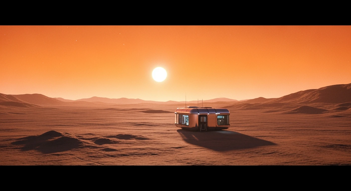 Cinematic still from 1990s Retro Space movie, film called Retro Futurism, Establishing scane showing desert with single small futuristic bulding, big landscape in background showing loneliness emoji