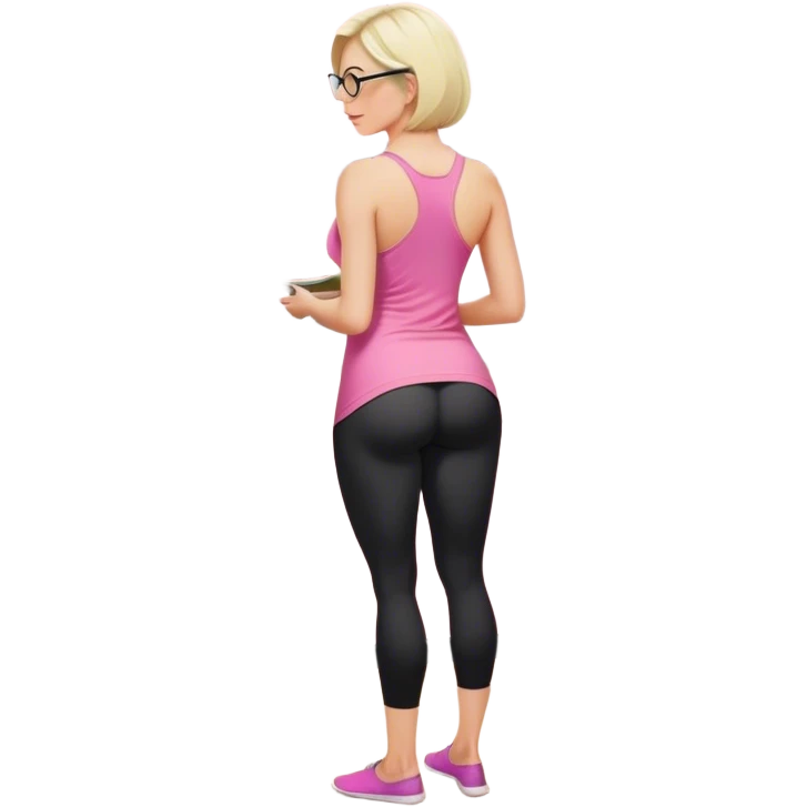 View from knees up, view from the back, fair skinned woman, curvy, short blond hair, small reading glasses, cooking dinner in kitchen, pink loose tank top, showing natural B cup breast shape SFW, black yoga pants, large curvy booty emoji