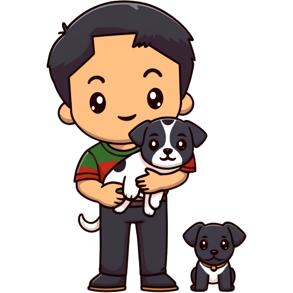 Mexican man with black hair and brown eyes wearing a shirt and black pants, holding a small white dog with one brown ear emoji