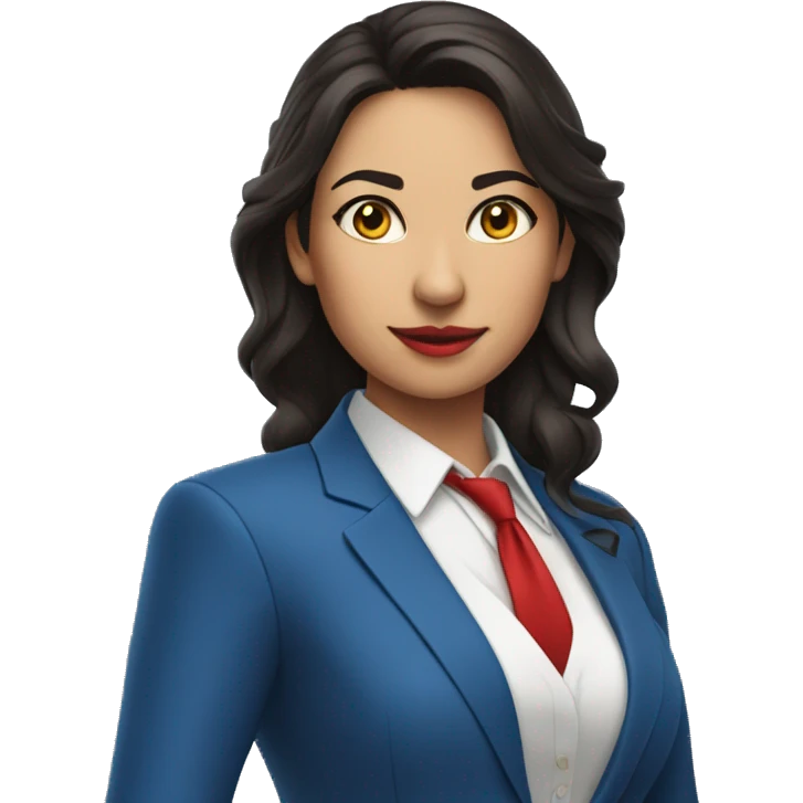 latin woman in blue suit, white shirt and red tie pointing to the right emoji