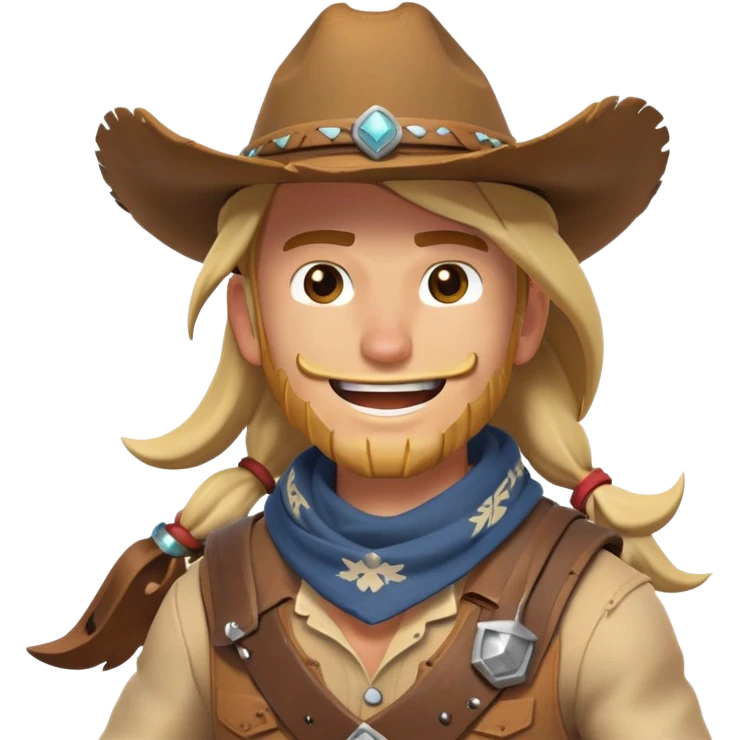 clash-of-clans-aesthetic_-cinematic-playful-cowboy-portrait-emoji, head-tilted with a roguish, cheeky grin and twinkling eyes, featuring a rugged, spirited build with a wide-brimmed cowboy hat and a weathered bandana on tan skin, riding a powerful galloping horse with dynamic flowing mane, reins gripped firmly in one hand and a lasso in the other, as dust swirls behind them in a vast desert landscape. emoji