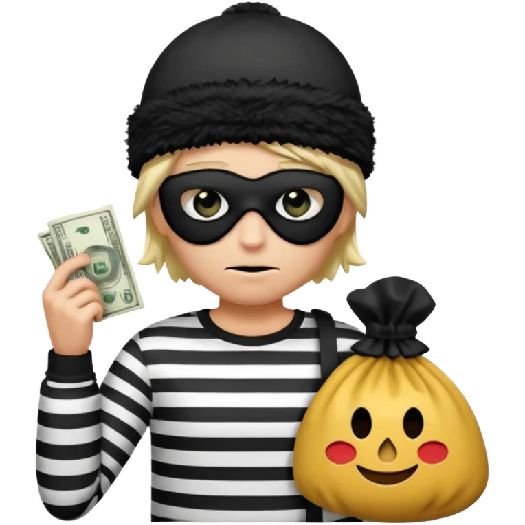 a short ios emoji-style portrait of a classic burglar, a black eye mask and a black-and-white striped shirt. emoji-like hair, black winter-like hat, a bag of money 💰 with a dollar sign in a right corner, evil expression WITHOUT a hand  emoji