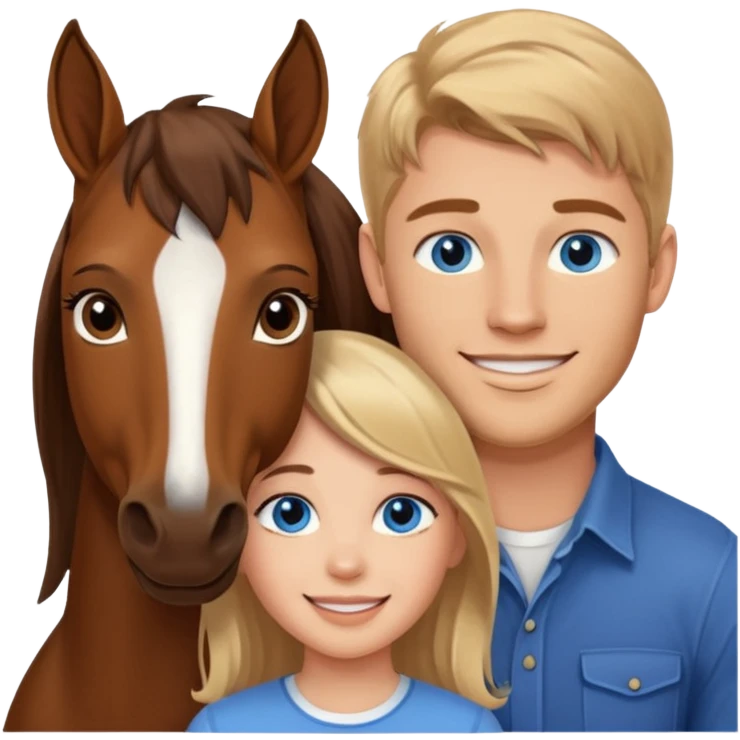 Smiling blue eyed trevor donovan with smiling brown eyed girl and one brown horse emoji