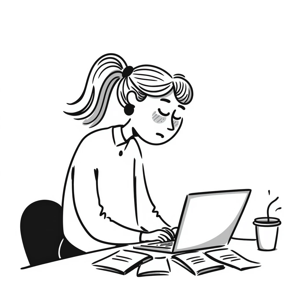 Exhausted blonde woman employee working on a laptop emoji