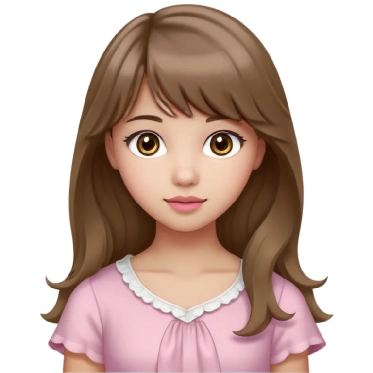 A teenage cute girl with very light olive skin and soft pinkish cheeks. Large bambie dark hazel eyes. Long wavy light brown hair with soft bangs. Features are very feminine and beautiful. medium straight nose with a soft tip. Medium natural pink lips. Wearing a simple dress in pink and white.  emoji