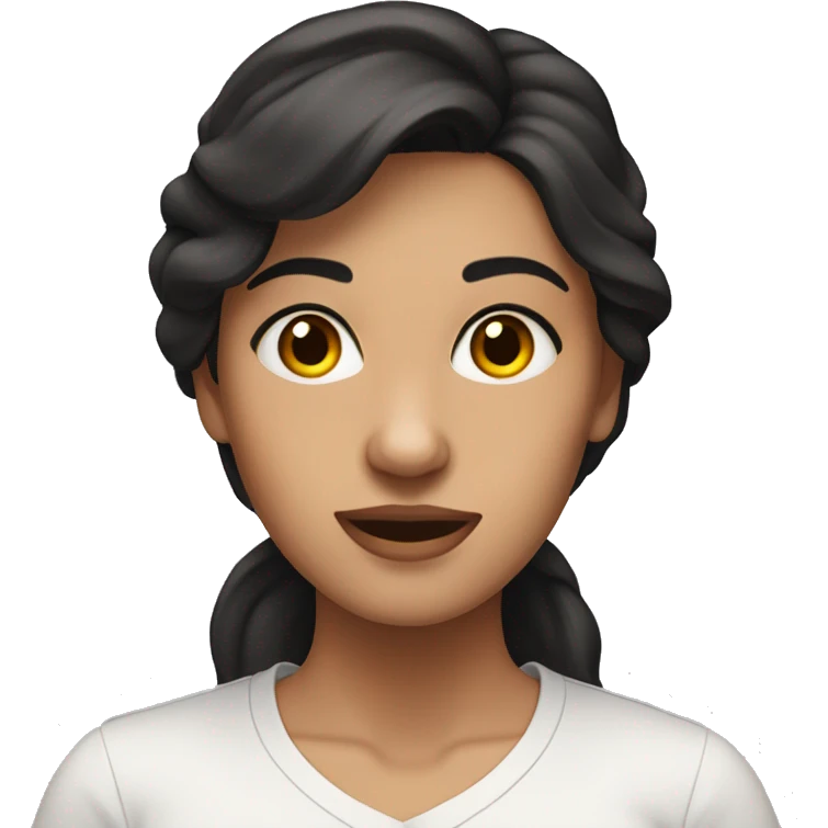 A woman with dark hair and hazel browm eyes, waering a white shirt emoji