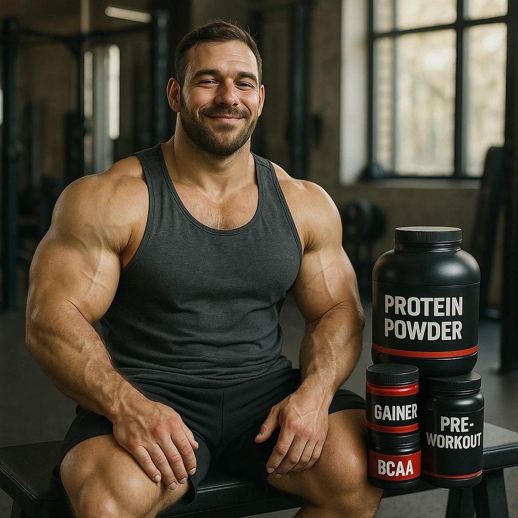 hyper realistic relaxed bodybuilder sitting on a bench with his 'stack' supplements beside him, satisfied smile, realistic details, natural light, sports environment emoji