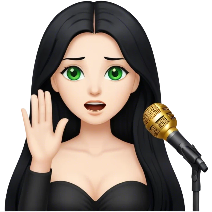 Beautiful lady with long black hair and green eyes singing emoji
