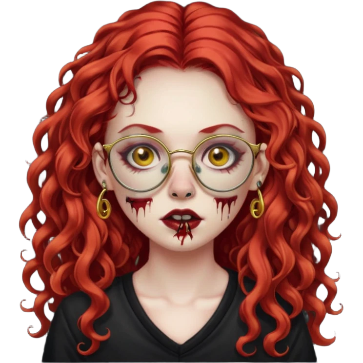 zombie girl with long red curly hair, thick lashes, black glasses, gold nose piercings on each nostril, and a gold eyebrow piercing. emoji