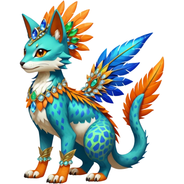Kawaii cute colorful exotic tropical beautiful pretty elegant divine edgy feline-vernid-sergal-Fakémon-Pokémon-fursona-animal-creature with accessories, jewelries, full body, with intricate detailed markings, feathers, crystals, fins, scales, headdress emoji