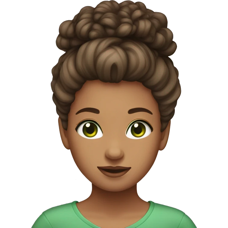 girl with curly brown hair, topknot, green eyes emoji