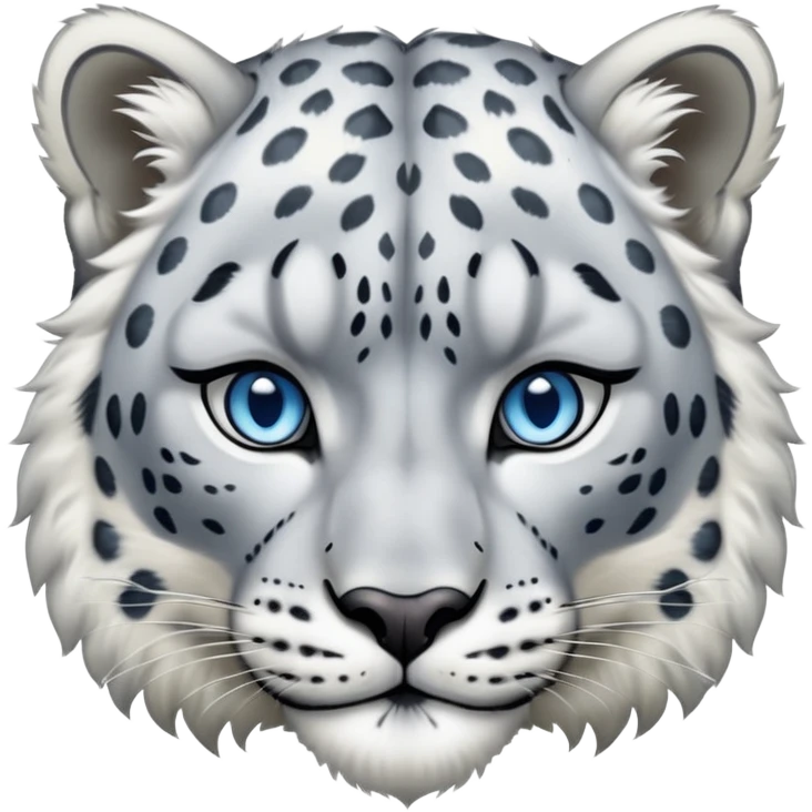 Cinematic-Noble-Snow-Leopard-Portrait-Emoji – Poised and majestic, with a muscular, agile build and a beautifully patterned coat of soft white and grey fur, marked with striking rosettes, deep-set, intelligent icy blue eyes, simplified yet sharp and sophisticated. emoji