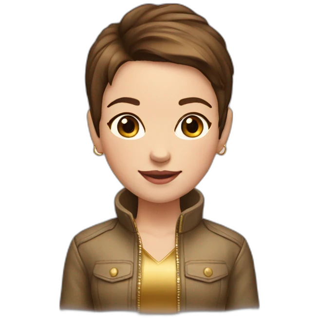 girl-shortest brown hair-gold jacket-smile-ear rings emoji