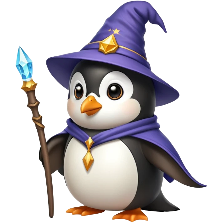 penguin dressed as a wizard with a magical wand and pointy hat emoji