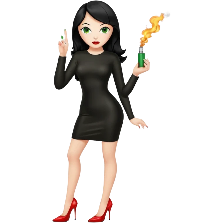 🕵🏻‍♀️💦🧥 black hair , green eyes , full body , red high heels , black latex dress , 🖕🏻🚬 emoji