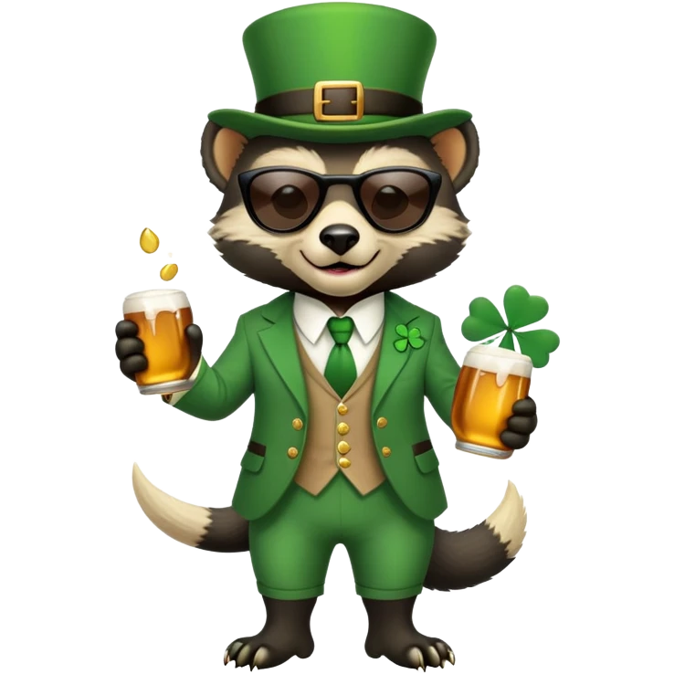 friendly anthropomorphised honey badger in a classic leprechaun suit with shamrock accessories, wearing sunglasses, St. Patrick's Day emoji