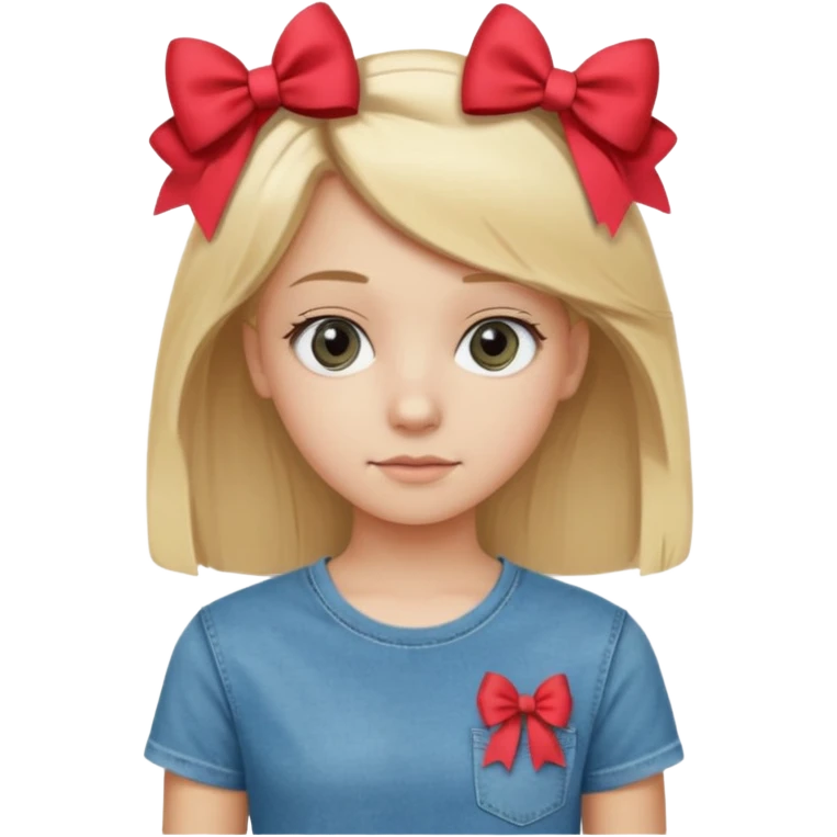 14 years old girl, with blonde hair, grey eyes. Wearing t-shirt and jeans. Wearing a bow emoji