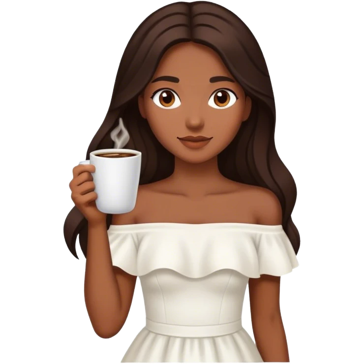 Beautiful woman in 1950’s woman fashion look, off-shoulder white dress, long dark brown hair, coffee emoji