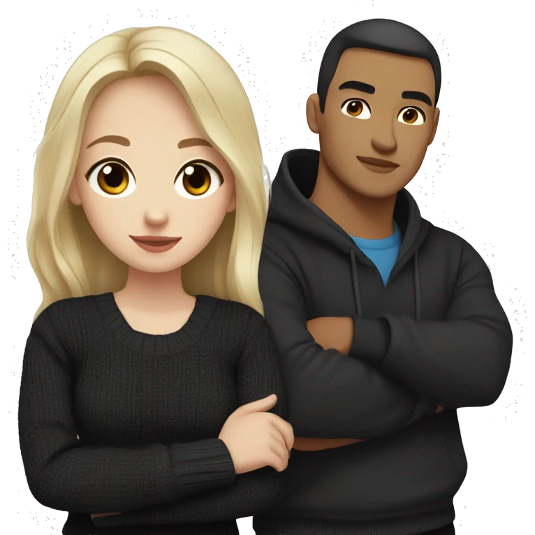 dark Blonde girl with blue eyes in black sweater and an east asian with light skin man with black hair and black eyes hugging emoji