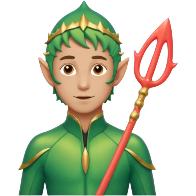 male elf in iridescent wetsuit, coral staff. Gills on neck legolas emoji