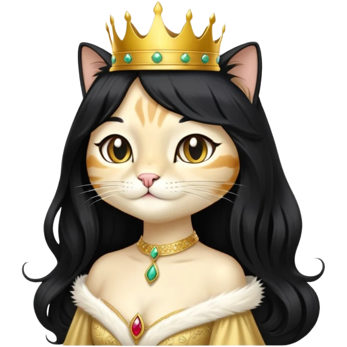 regal cat wearing a crown and elegant dress, long black wig emoji