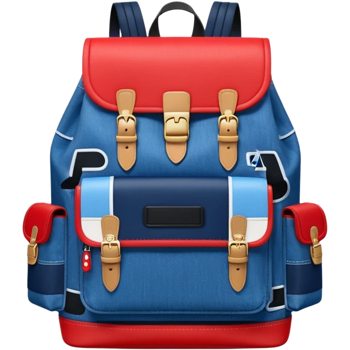 Minimalist emoji-style icon of a stylish blue denim backpack with a flap top, two vertical black buckle straps, a large red-white-navy horizontal block in the center, and two zipper side pockets. Inspired by Tommy Jeans design. Front view, cartoon-like, clean design.

 emoji
