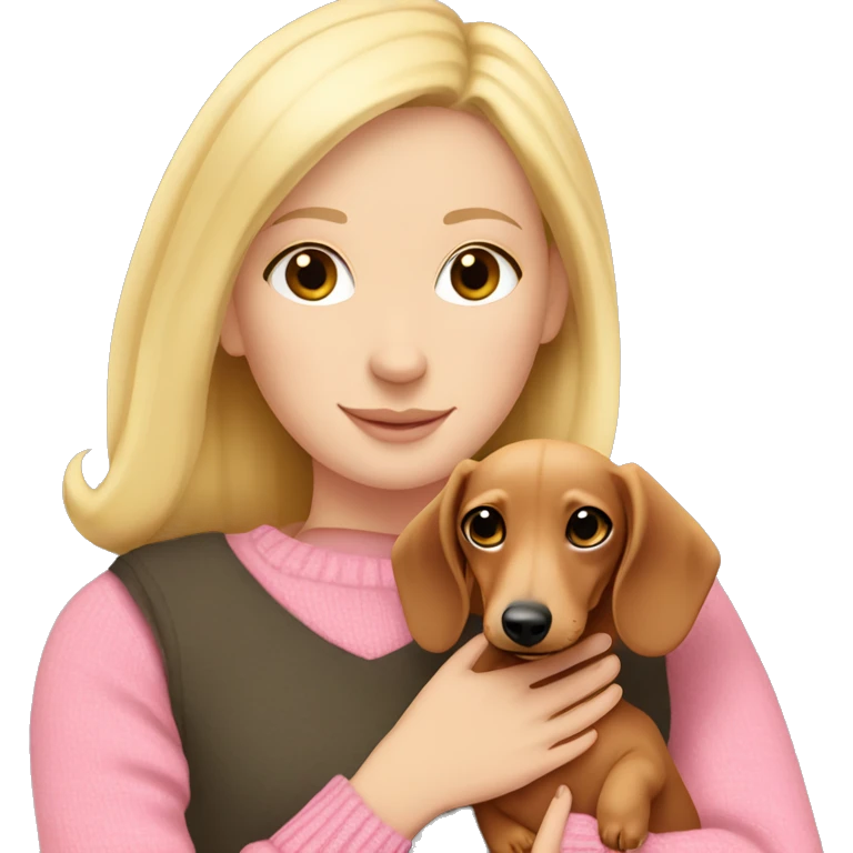 White girl blonde hair pink sweater hugging dachshund emoji