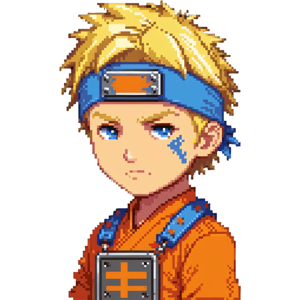A blonde ninja boy with spiky hair, whisker marks on cheeks, orange outfit, and blue headband with metal plate emoji