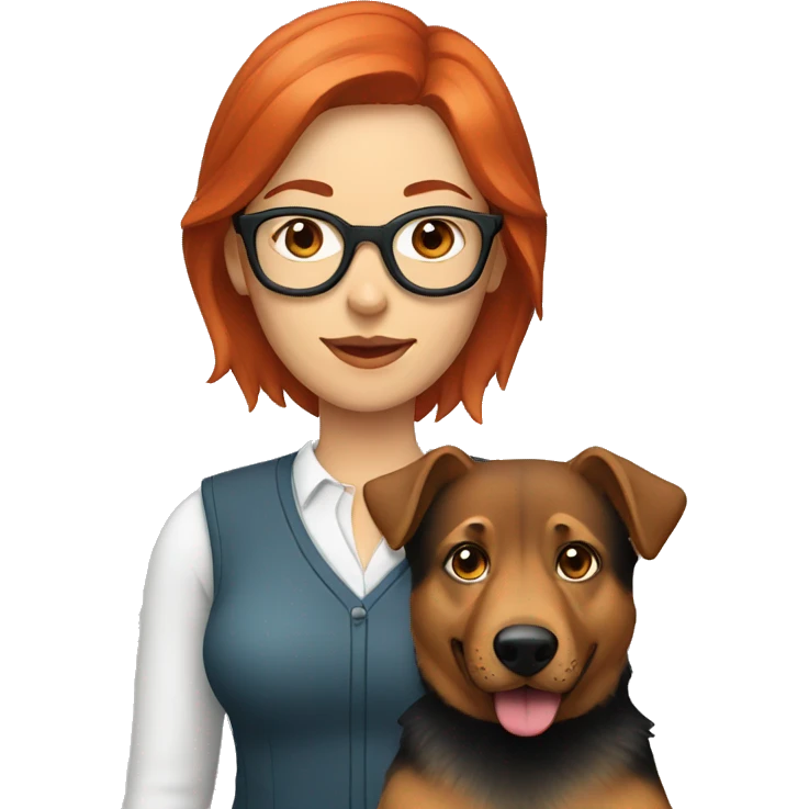 woman with red hair wearing glasses with german shepherd dog emoji