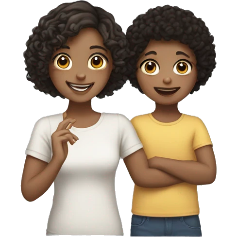 smiling fair skinned girl with medium straight brown hair holding a fair skinned toddler with curly black hair emoji