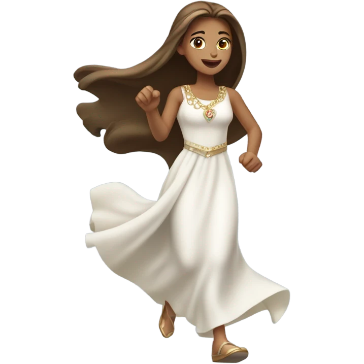 A princess with long brown straight hair and light skin running in a white dress with jewelry.  emoji