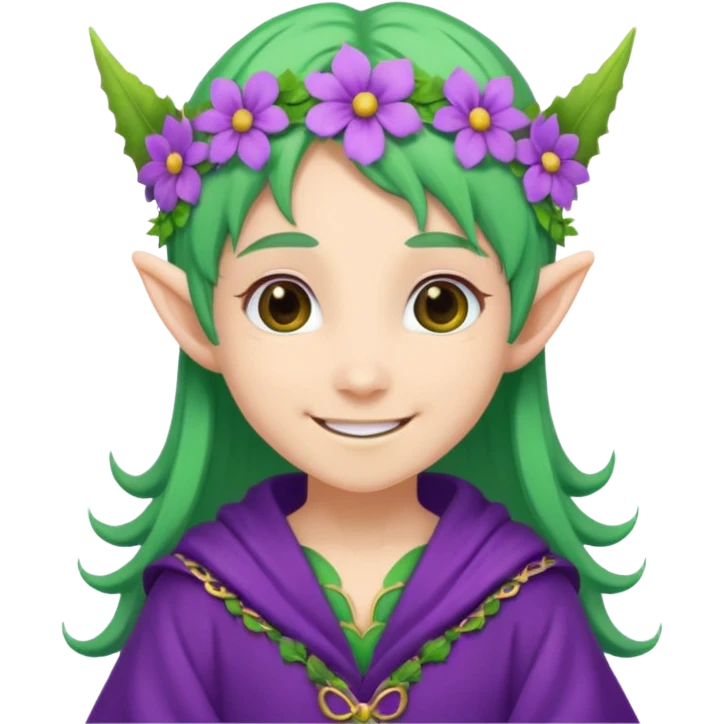 green hair elves, wearing purple with flower crowns emoji