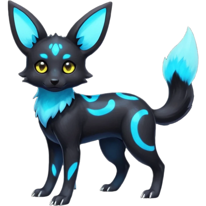 Rare realistic dark black with glowing blue bioluminescent edgy badass epic pretty beautiful handsome gorgeous aesthetic colorful vibrant Vernid-Umbreon-Trico-species-Fakemon-creature by LiLaiRa, 4 legs, 1 tail, random markings, (full body) emoji