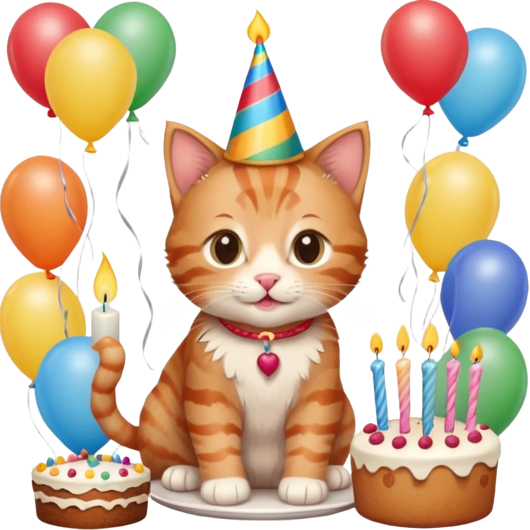 Ginger tabby kitten celebrates birthday, birthday hat, birthday cake, one candle, balloons, happy, gifts emoji
