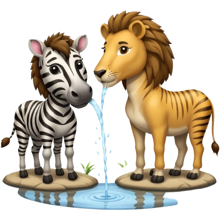 zebra and lion drinking water from pond emoji