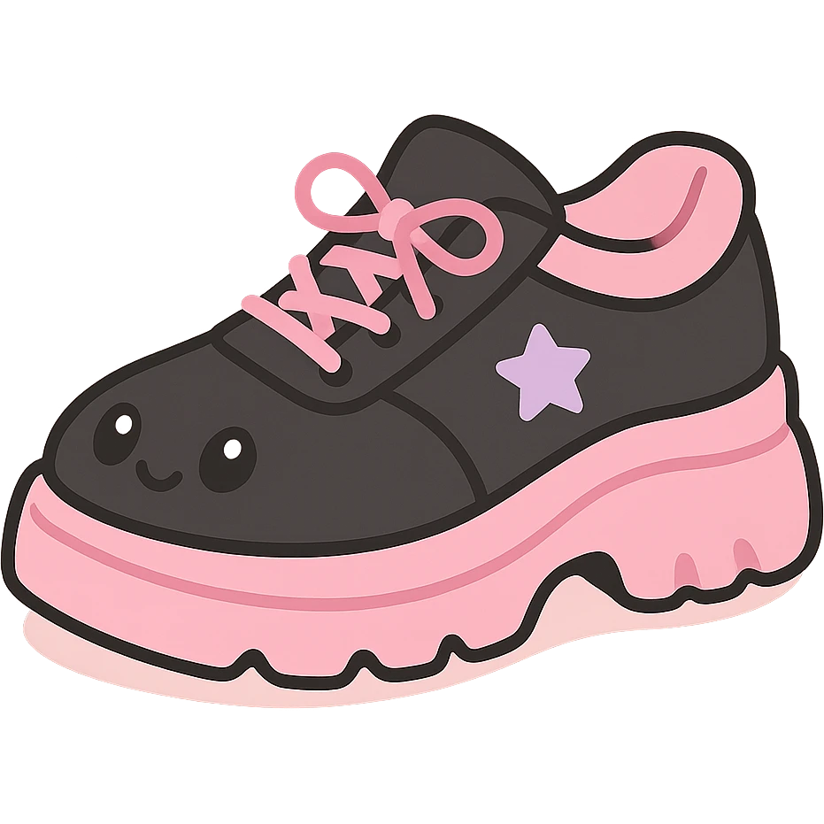 BLACKPINK-inspired gothic shoes, no hearts, black and pink, cute and stylish, kawaii style, pastel lavender accents, chunky sneakers with star accents emoji