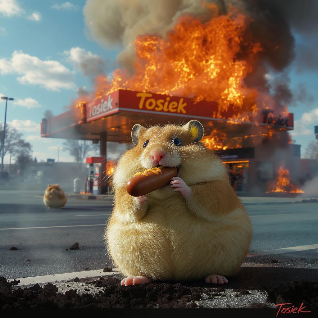 Cinematic still of A portrait of a fat hamster eating hotdog on gas station, gas station is in fire, other hamster fun away, sunny day, back light explosion , gas station named "Tosiek" emoji