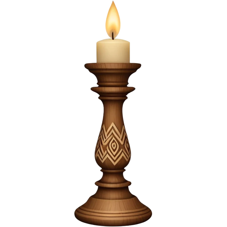 A short wooden candlestick carved with simple rustic patterns. emoji