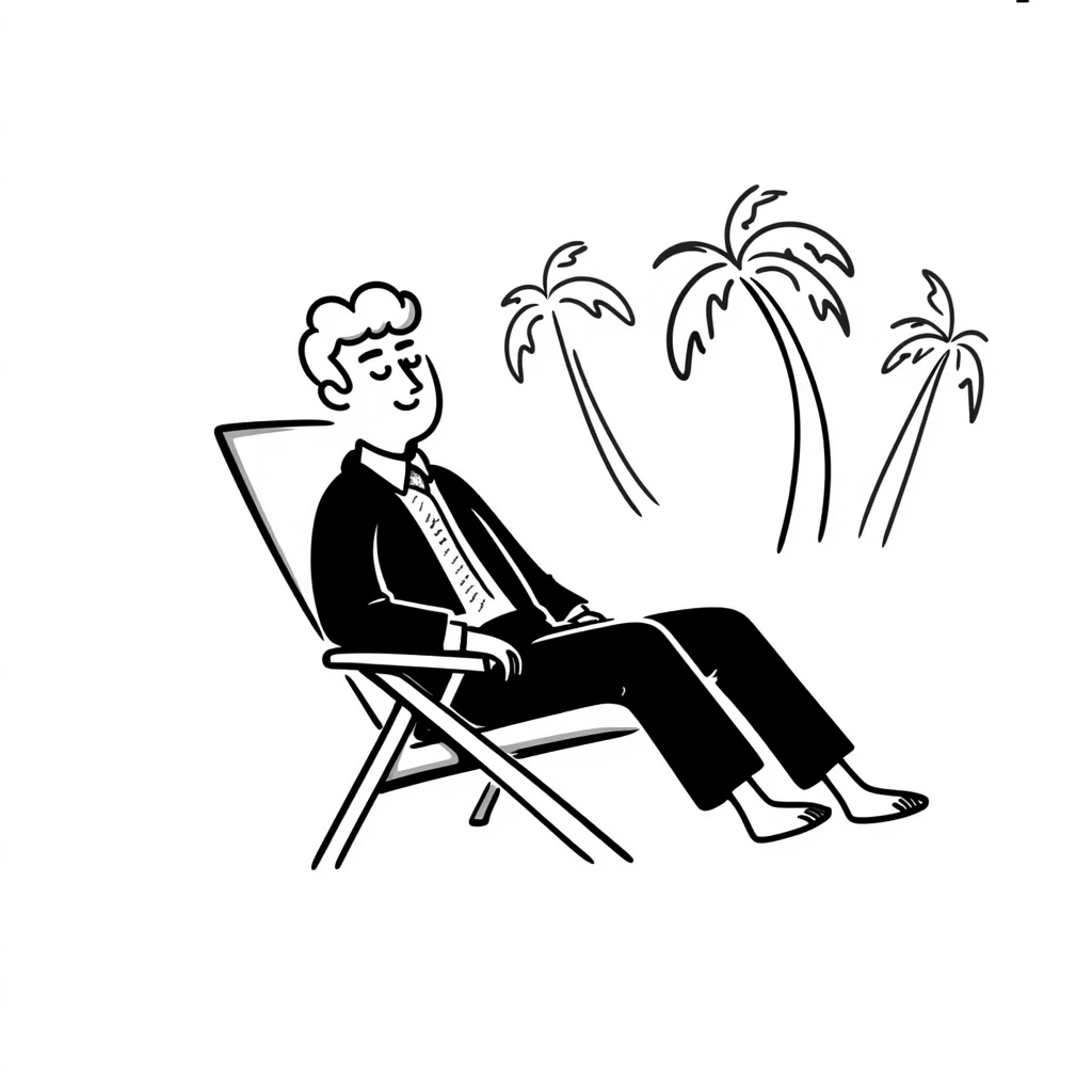 hand-drawn blonde man in business suit sitting on beach chair with palm trees, on vacation emoji
