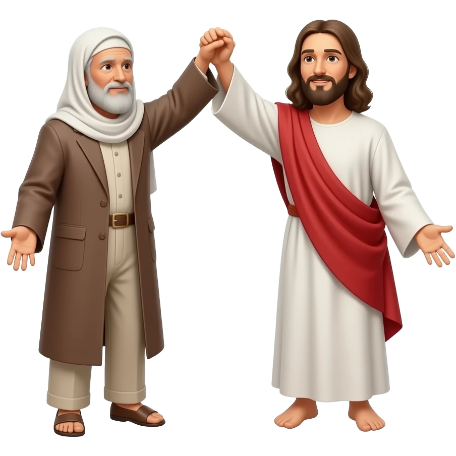 Иисус поднимате за руку с колен пожилого мужчину мусульманина, мужчина без обуви emoji