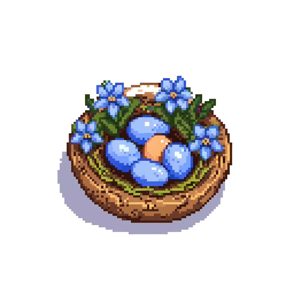 Nest with blue eggs and spring flowers around it emoji