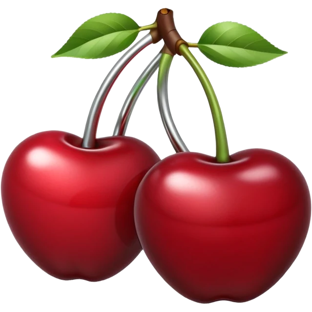 A pair of cherries emoji made of polished silver chrome, smooth rounded shapes, glossy metallic finish, soft highlights and reflections, cute proportions, iOS emoji style, centered, clean white background, no text emoji