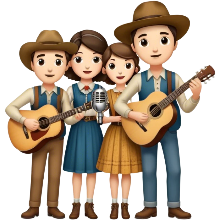 Icon for Country Music: The Carter Family—Alvin, Ezra, Sara, and Maybelle Carter—grouped together with a vintage microphone, acoustic guitars, and Appalachian folk aesthetics. A warm, nostalgic atmosphere represents their influence on country music. Transparent background. emoji
