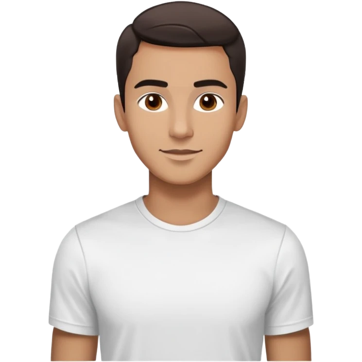 Energetic dancer-like man in his late 20s with light brown complexion, elongated face, fine jawline, high cheekbones, intense brown eyes, medium eyebrows, straight narrow nose, expressive friendly smile, short dark hair styled fresh and modern, vibrant pose, wearing a white fitted athletic shirt emoji