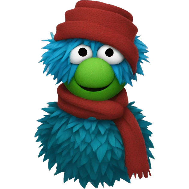 A blue muppet with dark green spiky hair over their eyes, wearing a red scarf emoji