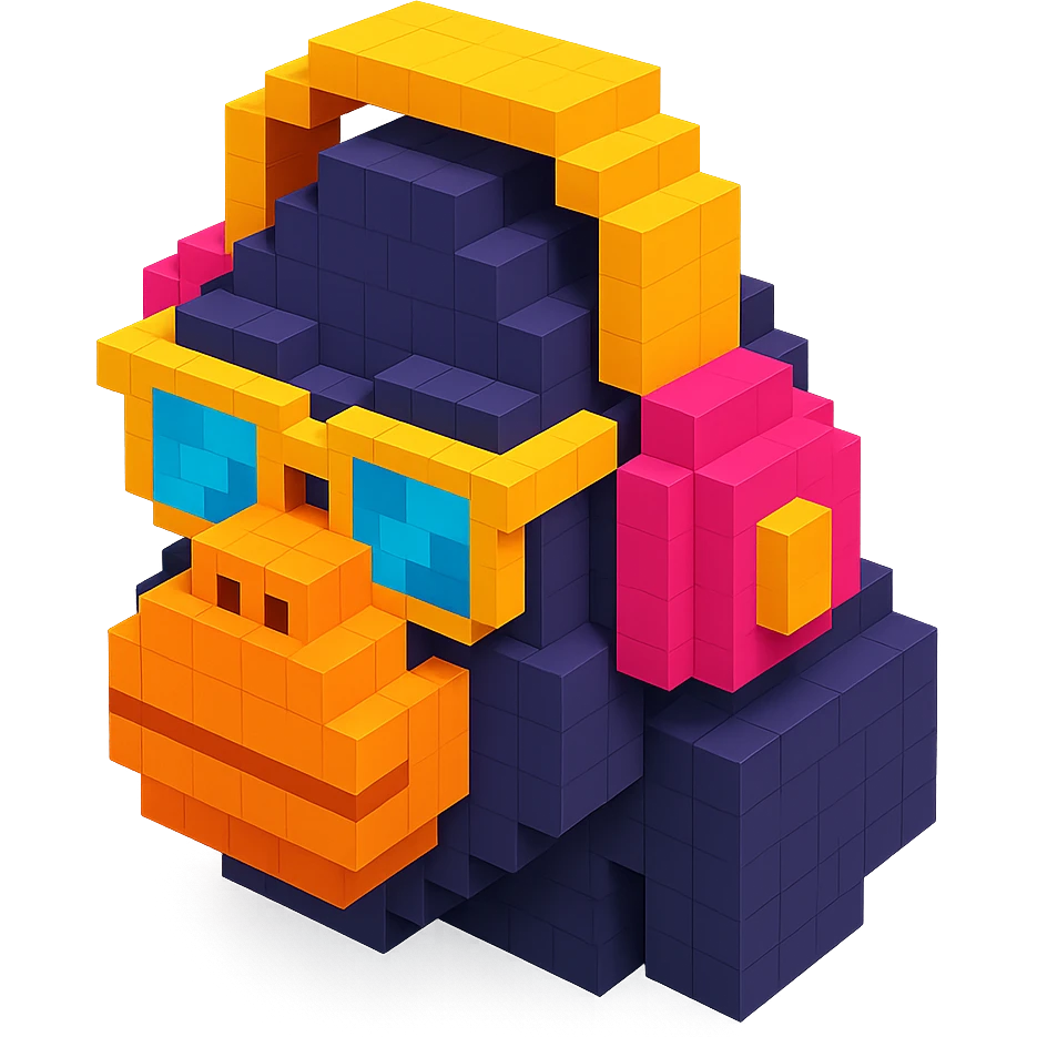 voxel style gorilla with sunglasses and headphones, isometric view emoji