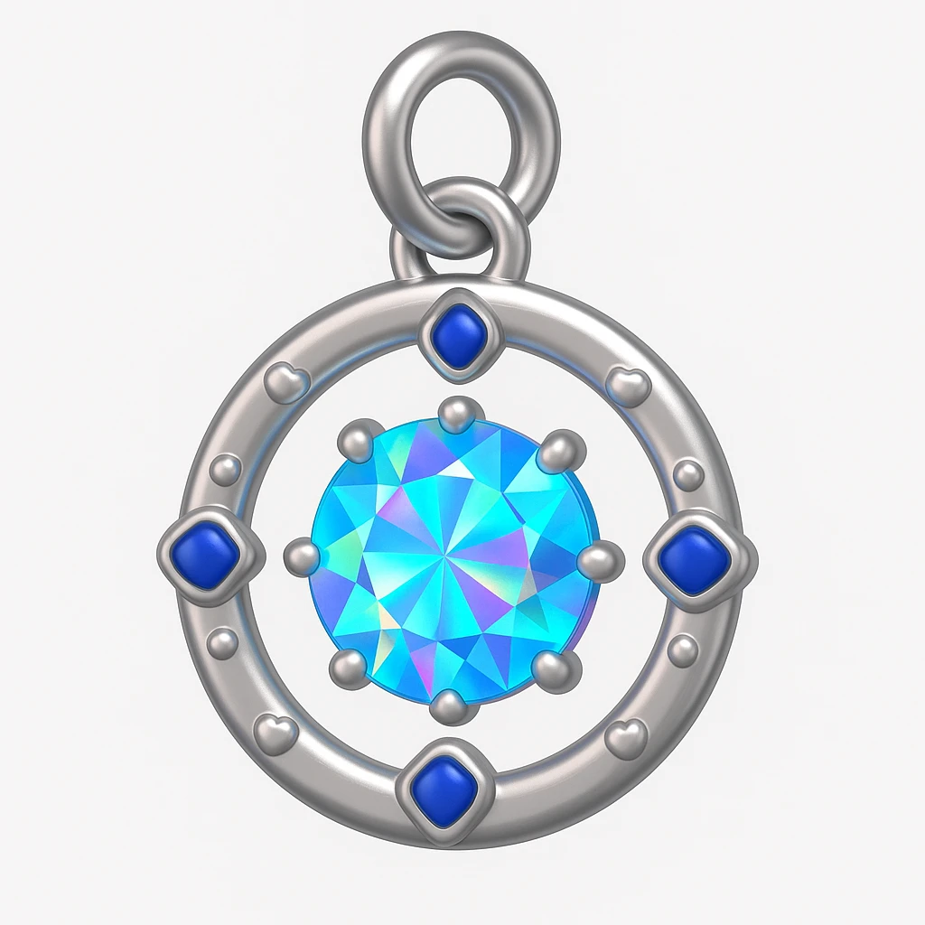 convert to a Y2K style charm: add a silver jump ring to the top for attaching to a bracelet or necklace, keep the holographic diamond, blue sapphire accent, and playful Y2K details, 3D emoji style emoji